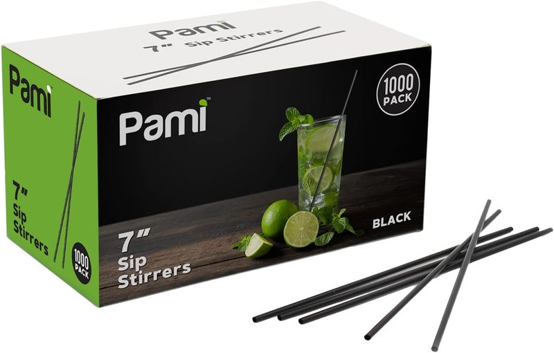 PAMI 1000 Disposable Plastic Cocktail Straws Stir Sticks, Coffee Stirrers for Hot & Cold Drinks, Ideal for Bars and Home (Black 7'') - Image 1
